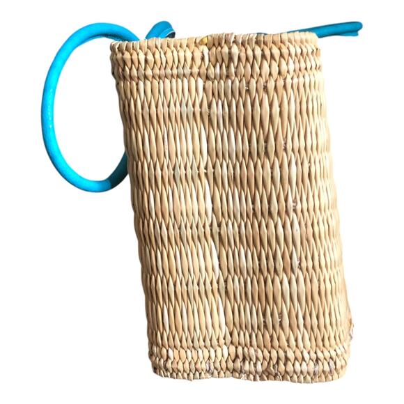 Misa Los Angeles Jane Straw Tote Bag With Blue Leather Double Handle NWOT - Picture 2 of 8